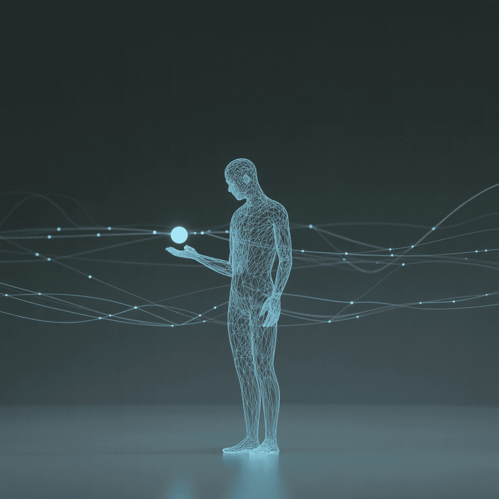 Abstract wireframe figure holding a glowing orb — AI agents in sales